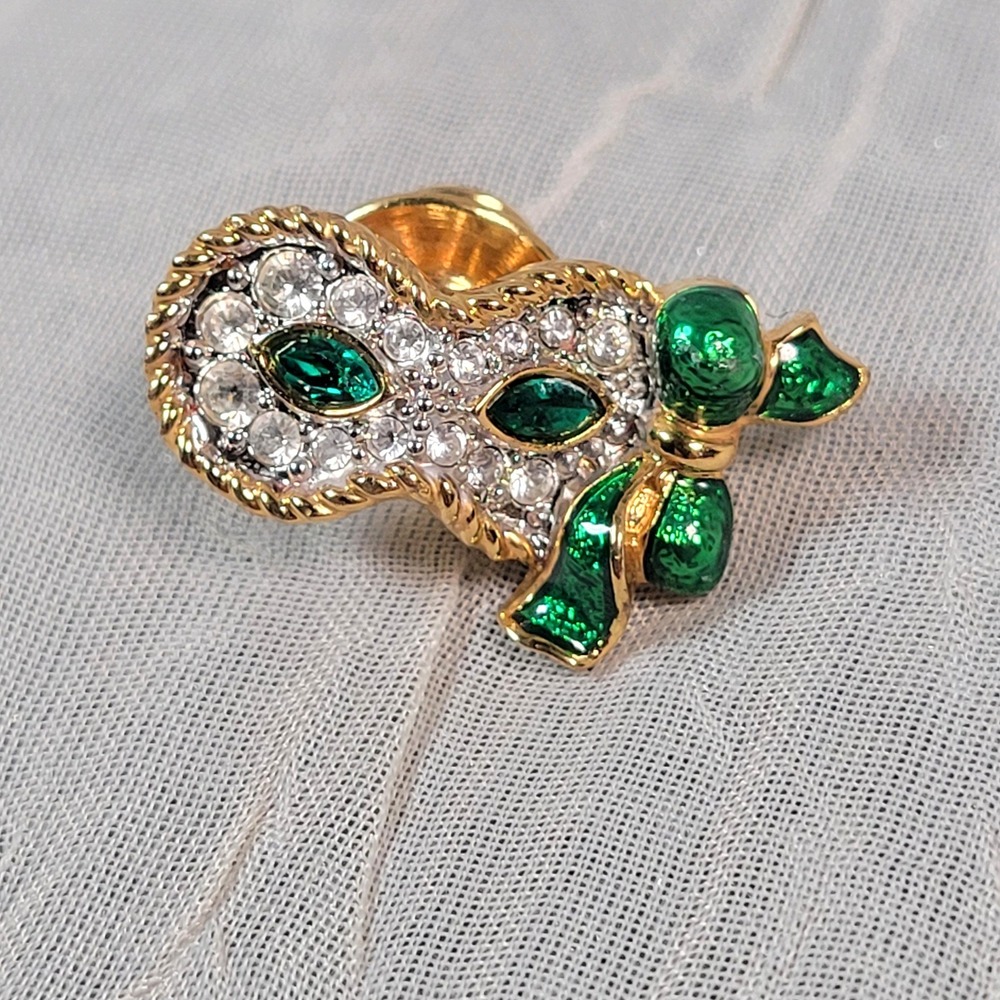 Swarovski Crystal Enamel Mardi Gras Brooch Masquerade Mask Pin Gold Tone